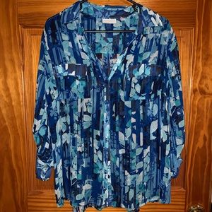 Patterned, blue, button downed blouse